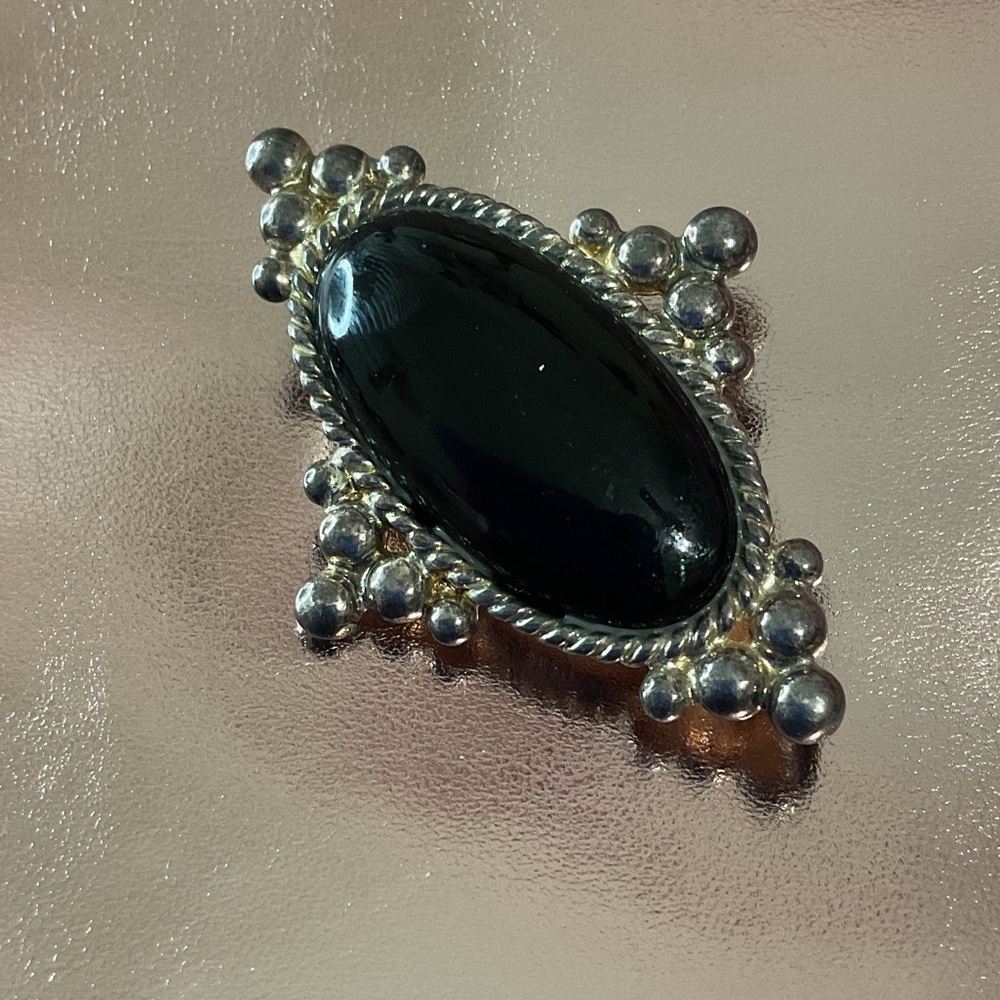 Vintage Onyx Southwestern Boho Silver Plate Brooch #3002